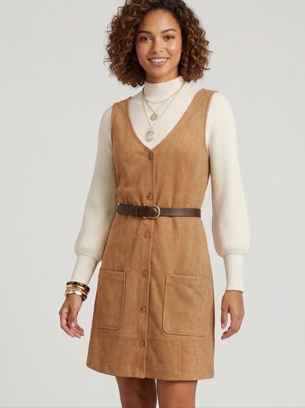 Abercrombie & Fitch Tan Button-Front Casual Suede Dress Chic Cozy Fall Style
